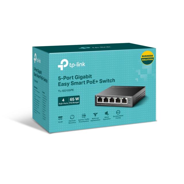 Суич TP-Link TL-SG105PE, 5x 1000Mbps, управляем, PoE+, 60W, до 32 VLANs