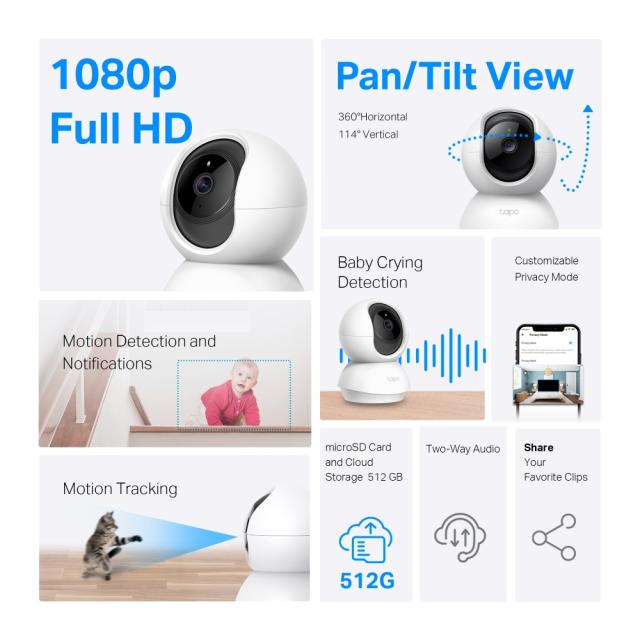 IP камера TP-Link Tapo C200C, Pan/Tilt, 1080p, ден/нощ до 9м., Micro SD, двупосочна комуникация
