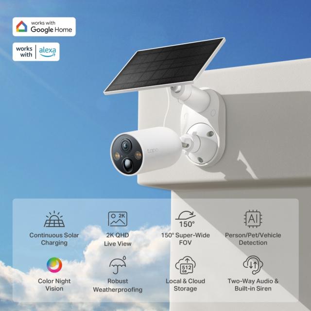 IP камера TP-Link Tapo C425 KIT с включен  слънчев панел, насочена "bullet" камера, 4MPix (2560x1440@20fps), H.264, IR осветеност (до 15m), IP66, Wi-Fi, microSD, микрофон и говорител