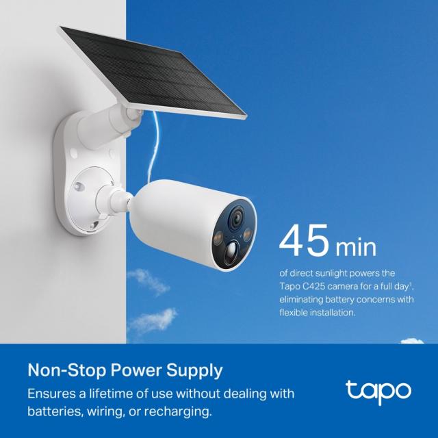 IP камера TP-Link Tapo C425 KIT с включен  слънчев панел, насочена "bullet" камера, 4MPix (2560x1440@20fps), H.264, IR осветеност (до 15m), IP66, Wi-Fi, microSD, микрофон и говорител