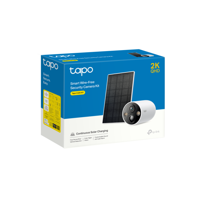 IP камера TP-Link Tapo C425 KIT с включен  слънчев панел, насочена "bullet" камера, 4MPix (2560x1440@20fps), H.264, IR осветеност (до 15m), IP66, Wi-Fi, microSD, микрофон и говорител