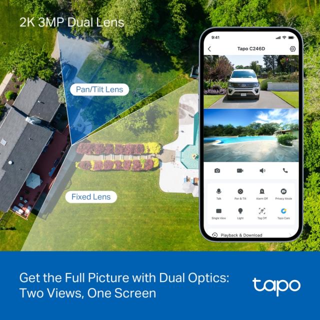 IP камера TP-Link Tapo C246D, Pan/Tilt, IR осветеност (до 12m), 2.8/6.0mm двоен обектив, външна IP65, Wi-Fi, microSD, двупосочна комуникация