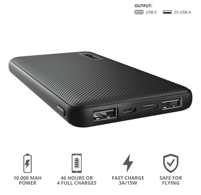 Външна батерия TRUST Primo Fast Ultra-thin Powerbank 10 000 mAh, Черна