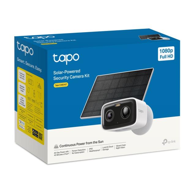 IP камера TP-Link Tapo C400 KIT с включен слънчев панел, насочена "bullet" камера, 2Mpix (1920x1080@15fps), IR осветеност (до 10m), IP65, Wi-Fi, microSD, микрофон и говорител