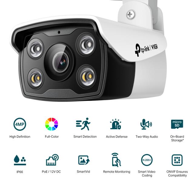 IP камера TP-Link VIGI C340(2.8mm), насочена "bullet" камера, 4Mpix (2560x1440@30FPS),  MicroSD, IR осветеност (до 30 метра), RJ-45, PoE, микрофон, високоговорител