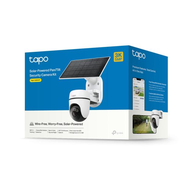 IP камера TP-Link Tapo C630 KIT с включен слънчев панел, куполна Pan/Tilt камера, 5MPix (2880x1620@15fps), IR осветеност (до 16m), IP65, Wi-Fi, microSD, микрофон и говорител