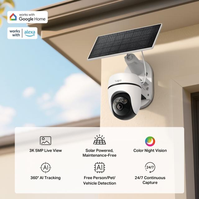 IP камера TP-Link Tapo C630 KIT с включен слънчев панел, куполна Pan/Tilt камера, 5MPix (2880x1620@15fps), IR осветеност (до 16m), IP65, Wi-Fi, microSD, микрофон и говорител