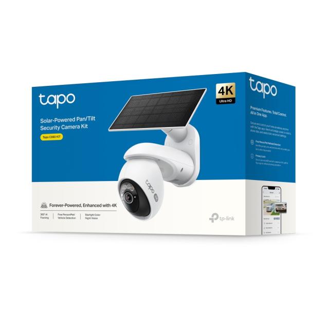 IP камера TP-Link Tapo C660 KIT с включен слънчев панел, куполна Pan/Tilt камера, 8MPix (3840x2160@20fps), IR осветеност (до 12m), IP65, Wi-Fi, microSD, микрофон и говорител