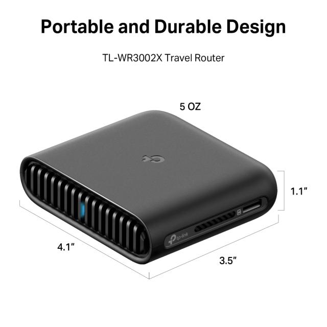 Рутер TP-Link TL-WR3002X, мобилен, AX3000 Wi-Fi 6, 2.4/5GHz (574Mbps+2402Mbps), 1x 100/1000/2500Mbps WAN, 1x 10/100/1000Mbps LAN, 1x USB 3.0