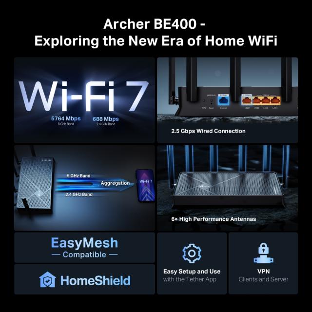 Рутер TP-Link Archer BE400, 6500Mbps, 2.4GHz / 5GHz, Wireless BE, 1x 10/100/1000/2500Mbps LAN, 3x 10/100/1000Mbps LAN, 1x 10/100/1000/2500Mbps WAN, 1x USB3.0