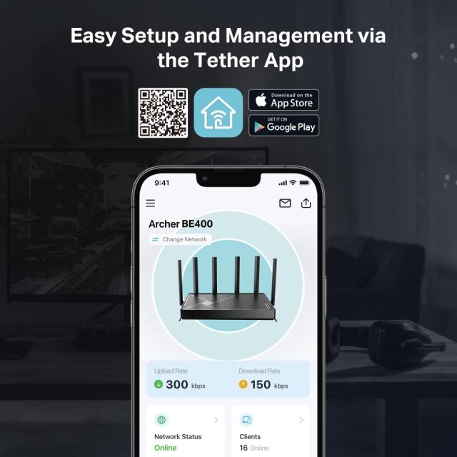 Рутер TP-Link Archer BE400, 6500Mbps, 2.4GHz / 5GHz, Wireless BE, 1x 10/100/1000/2500Mbps LAN, 3x 10/100/1000Mbps LAN, 1x 10/100/1000/2500Mbps WAN, 1x USB3.0