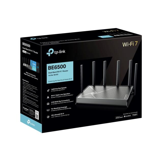 Рутер TP-Link Archer BE400, 6500Mbps, 2.4GHz / 5GHz, Wireless BE, 1x 10/100/1000/2500Mbps LAN, 3x 10/100/1000Mbps LAN, 1x 10/100/1000/2500Mbps WAN, 1x USB3.0