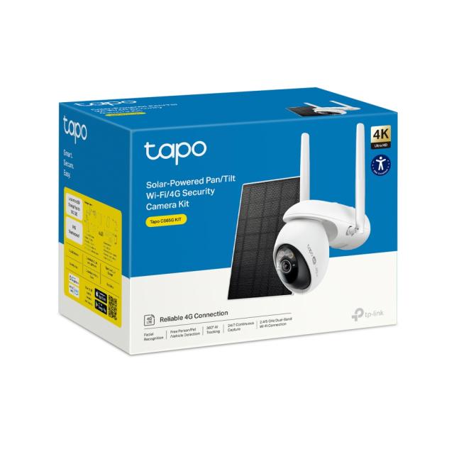 IP камера TP-Link Tapo C665G KIT с включено соларно захранване и 4G LTE, Wi-Fi свързаност, куполна Pan/Tilt камера, 8MPix (3840x2160@20fps), IR осветеност (до 10m), IP65, microSD слот, микрофон и говорител
