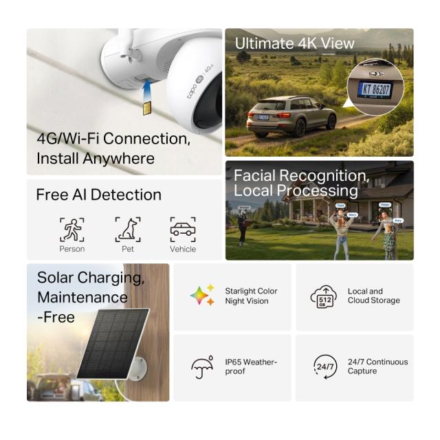 IP камера TP-Link Tapo C665G KIT с включено соларно захранване и 4G LTE, Wi-Fi свързаност, куполна Pan/Tilt камера, 8MPix (3840x2160@20fps), IR осветеност (до 10m), IP65, microSD слот, микрофон и говорител