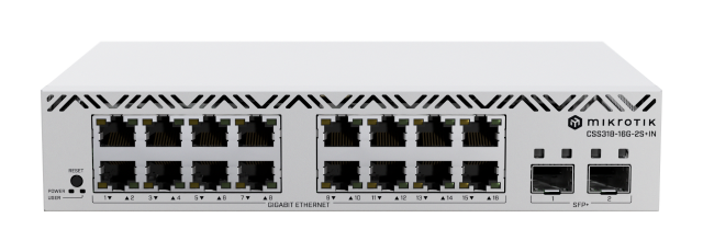 Суич MikroTik CSS318-16G-2S+IN, 16x 10/100/1000Mbps, 2x SFP+, управляем, за шкаф