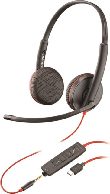 Слушалки Poly Blackwire 3225 Stereo, шумопотискащ микрофон, Jack 3.5mm, USB-C/A адаптер, черни