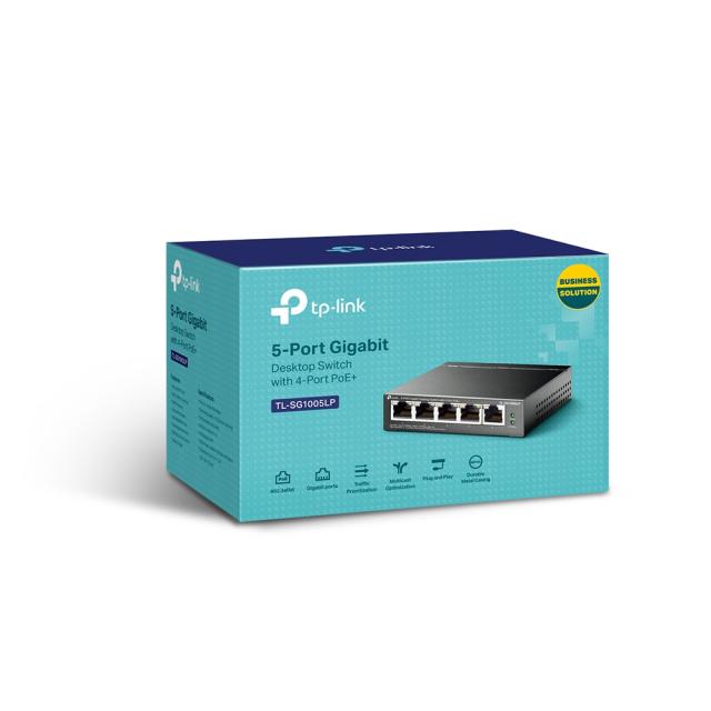 Суич TP-Link TL-SG1005LP, 1000Mbps, 5x 10/100/1000, 4x PoE+, неуправляем