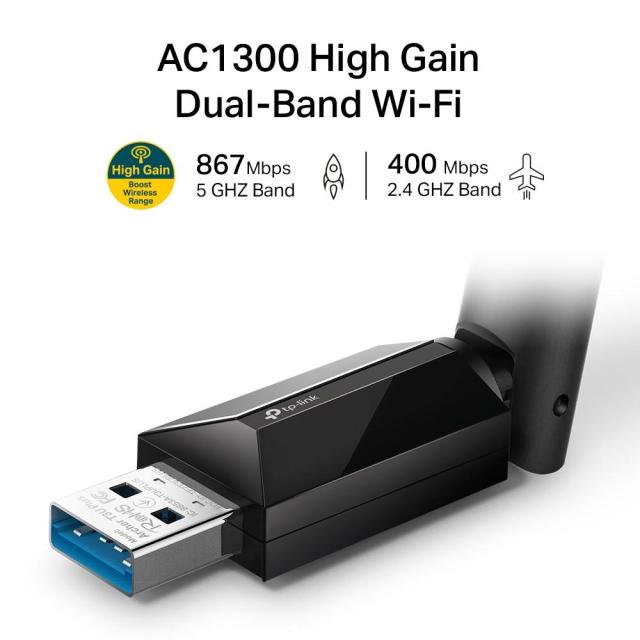 Мрежови адаптер TP-Link Archer T3U Plus, AC1300, 2.4GHz / 5GHz (400+867Mbps), Wireless-a/n/ac, USB 3.0