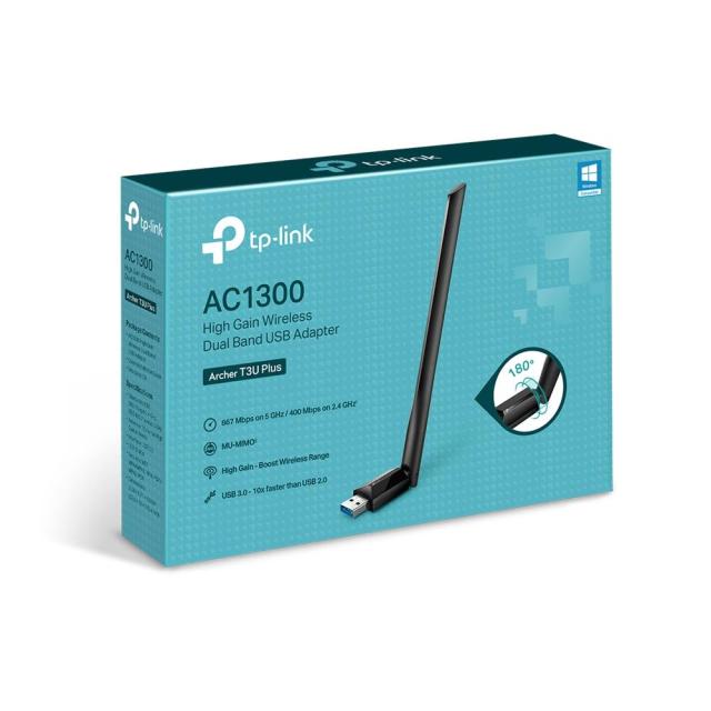 Мрежови адаптер TP-Link Archer T3U Plus, AC1300, 2.4GHz / 5GHz (400+867Mbps), Wireless-a/n/ac, USB 3.0