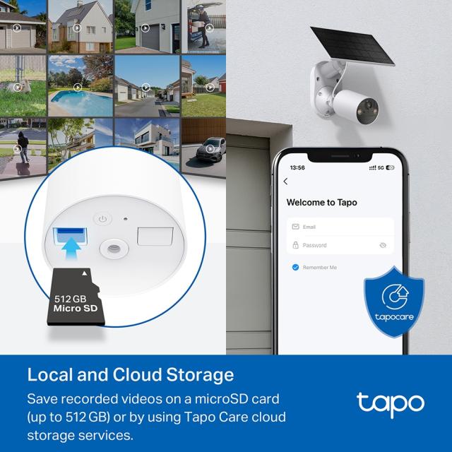 Камера IP TP-Link Tapo C410 + соларния панел Tapo A201, 3MPix (2304x1296@15fps), H.264, IR осветеност (до 15m), IP65, Wi-Fi, microSD, микрофон и говорител