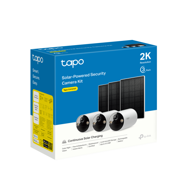 Камера IP TP-Link Tapo C410 + соларния панел Tapo A201, 3MPix (2304x1296@15fps), H.264, IR осветеност (до 15m), IP65, Wi-Fi, microSD, микрофон и говорител