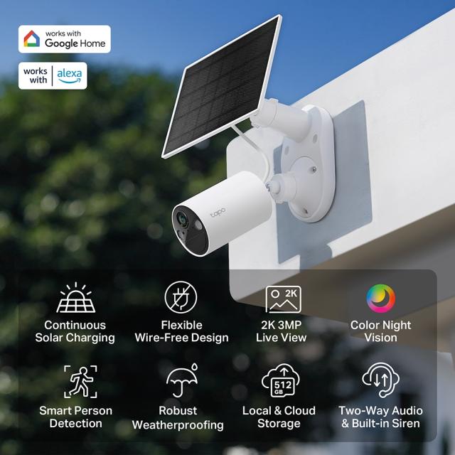 Камера IP TP-Link Tapo C410 + соларния панел Tapo A201, 3MPix (2304x1296@15fps), H.264, IR осветеност (до 15m), IP65, Wi-Fi, microSD, микрофон и говорител
