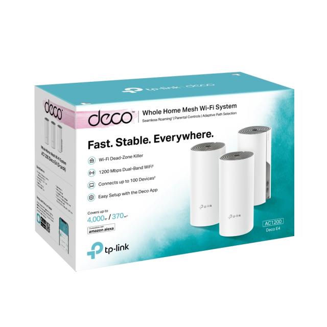 Мрежови комплект TP-Link Deco E4(3-pack), Wireless AC1200, 2.4GHz/5GHz (300M+867 Mbps), 2x 10/100 Mbps WLAN/LAN