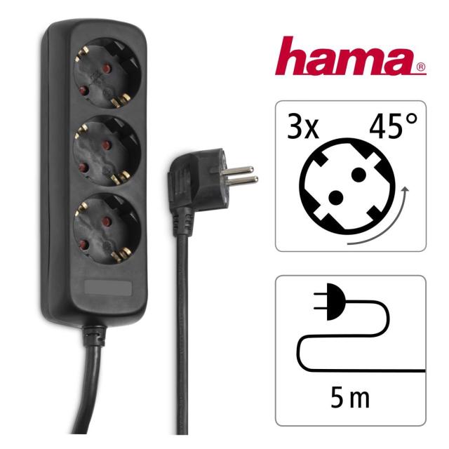 HAMA Разклонител 3 гнезда, 5м, черен