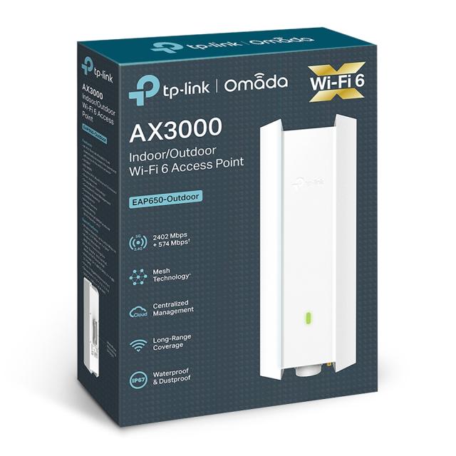 Точка за достъп TP-Link Omada EAP650-Outdoor, AX3000, WiFi 6, IP67, 2.4G/5GHz(574Mbps+2402Mbps), 1x 10/100/1000Mbps RJ45, 4 вътрешни антени