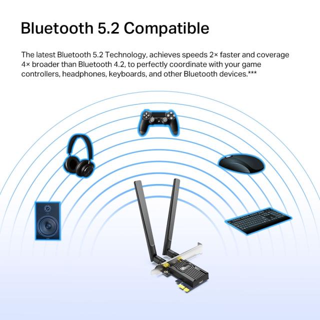 Безжична мрежова карта  TP-LINK Archer TX55E, AX3000, Wi-Fi 6, Bluetooth, 2.4/5GHz (574+2402 Mbps), PCIe