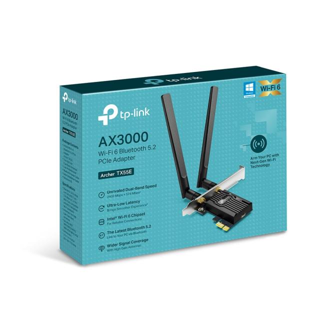 Безжична мрежова карта  TP-LINK Archer TX55E, AX3000, Wi-Fi 6, Bluetooth, 2.4/5GHz (574+2402 Mbps), PCIe