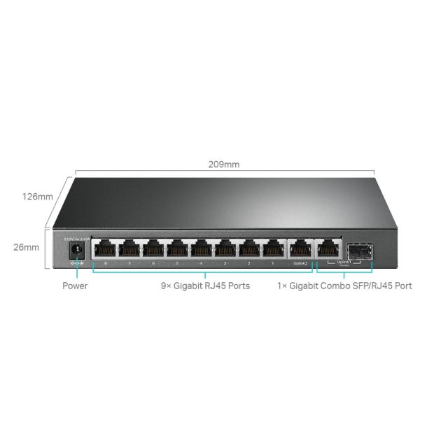 Суич TP-Link TL-SG1210MPE Easy Smart, 1000 Mbps, 10 порта, 2x 10/100/1000 RJ-45 PoE, 8x 10/100/1000 RJ-45 PoE+, 1x Combo SFP/RJ45 1000 Mbps