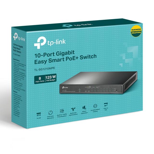 Суич TP-Link TL-SG1210MPE Easy Smart, 1000 Mbps, 10 порта, 2x 10/100/1000 RJ-45 PoE, 8x 10/100/1000 RJ-45 PoE+, 1x Combo SFP/RJ45 1000 Mbps