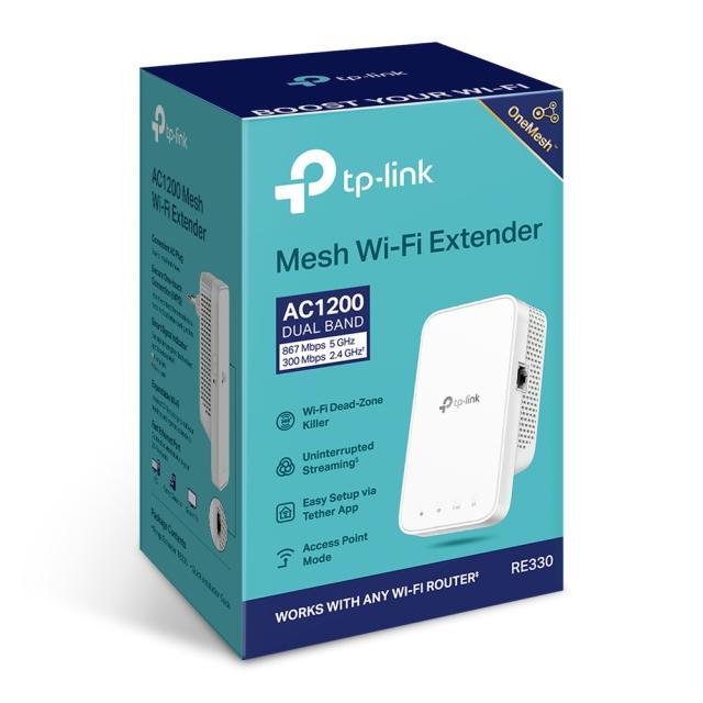 Range Extender/Репитер TP-Link RE330, AC1200, 2.4/5GHz (300+867Mbps), 1x 10/100 RJ45, 2 вътрешни антени