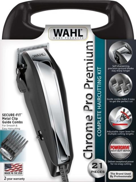 Машинка за подстригване Wahl 79520-5316, Chromepro Premium, Corded Clipper Clipper with adjustable taper lever, 21 pieces, 10 Secure fit guide combs and accessories