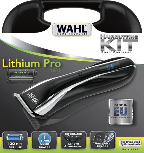 Машинка за подстригване Wahl 1911.0467, Lithium Ion, Cordless Clipper, 6 attachment combs, scissors, handle case and LCD charge indicator, Rinseable blade
