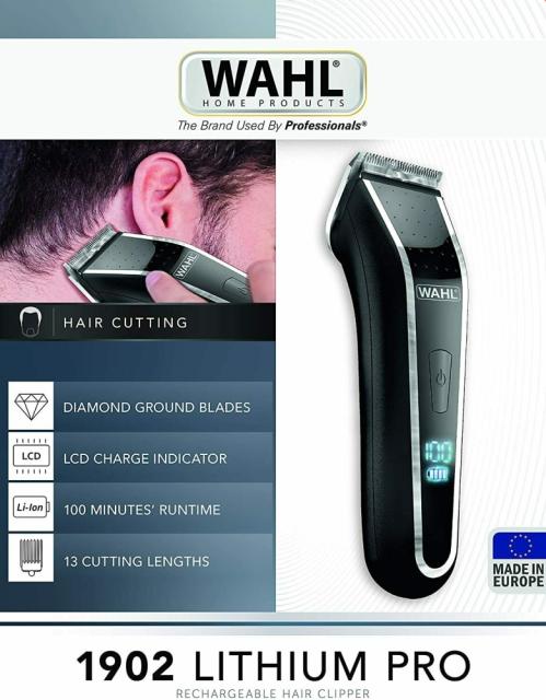 Машинка за подстригване Wahl 1902.0465, Lilthium Pro LCD 1902, Lithium Ion Clipper 8 attachment combs, scissors, and LED charge indicator