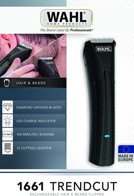 Машинка за подстригване Wahl 1661.0465, TrendCut Lithium Ion, Lithium Ion Clipper Professional metal German made bladeset, Attachment combs and accessories