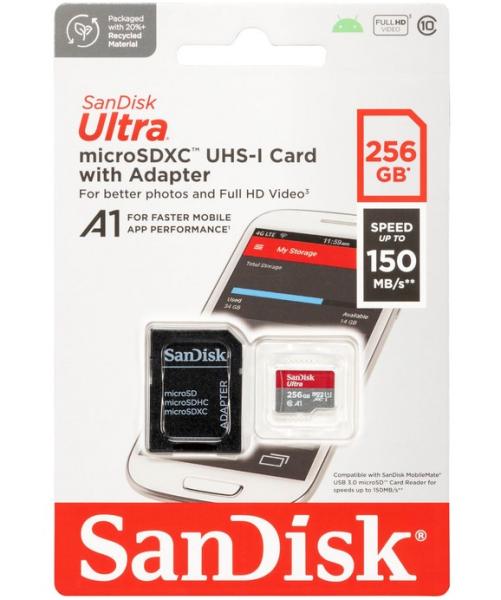 Карта памет SanDisk Ultra microSDXC 256GB + SD Adapter 150MB/s  A1 Class 10 UHS-I
