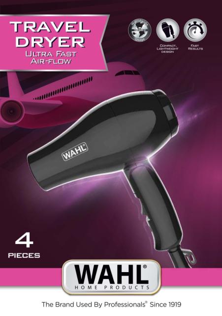 Сешоар Wahl 3402-0470, Foldable travel dryer, 1000 Watt. Compact and lightweight. Including 2 nozzles and pouch