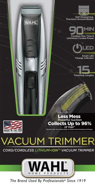Тример Wahl 09870-016, Vacuum Trimmer, Cord-/ Cordless Collects up to 96% of the hair. Li-Ion battery for 90 min runtime. 15 trimming lengths