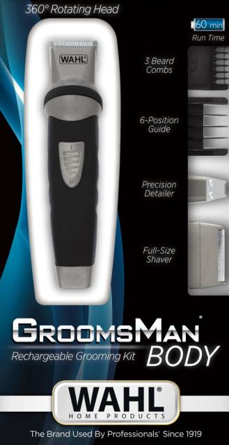 Тример Wahl 09953-1016, Groomsman Body, Cordless Trimmer Body grooming kit: beard trimmer, detail blade set and shaver with 6 pos. beard guide and 3 individual beard guides
