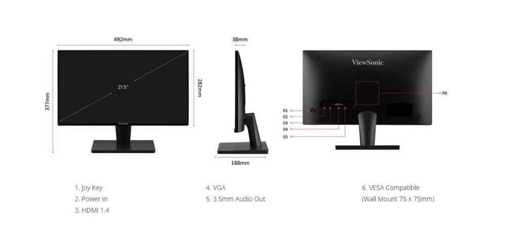 Монитор VIEWSONIC VA2215-H 21.5" (54.61 cm) VA LED 75Hz, 1920x1080, 16:9, 5ms, 250 cd/m², HDMI VGA