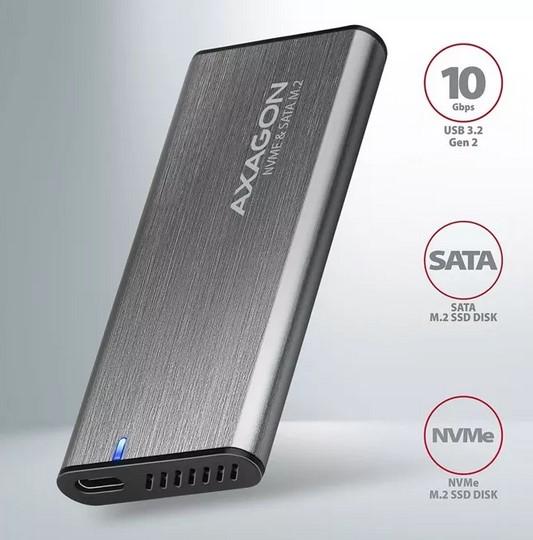 Кутия AXAGON EEM2-SG2 за M.2 NVMe (2242/2260/2280) SSD, USB C 3.2 Gen 2, сива