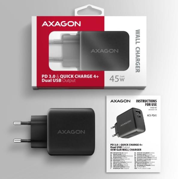 Зарядно AXAGON ACU-PQ45 wall charger QC3.0,4.0/AFC/FCP/PPS/Apple + PD type-C, 45W, black