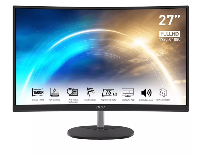 Монитор MSI PRO MP271CA, 27" (68.58cm) VA Curved панел, 75Hz, Full HD, 1ms (MPRT), 250cd/m2, DisplayPort, HDMI