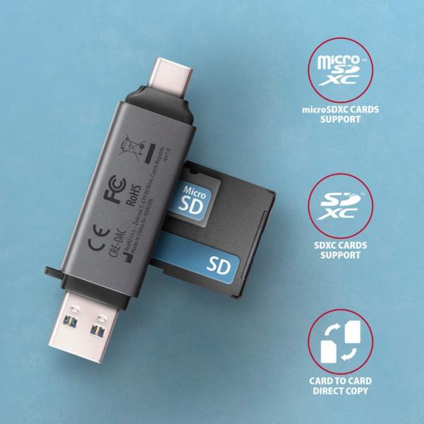 Четец за карти AXAGON CRE-DAC, SD/SDHC/SDXC/MicroSDHC/microSDXC, USB-A 3.2 Gen 1/USB-C 3.2 Gen 1