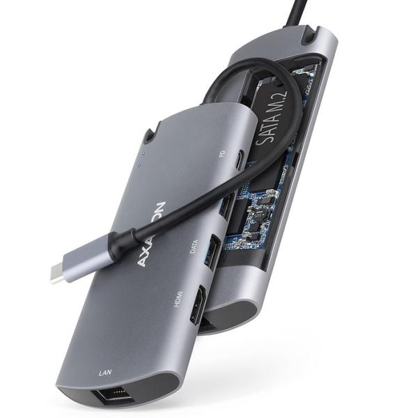 Мултипортов адаптер Axagon HMC-6GM2, USB-C 10Gbps hub. NVMe/SATA M.2, HDMI, card reader and Power Delivery. Cable USB-C 20 cm.
