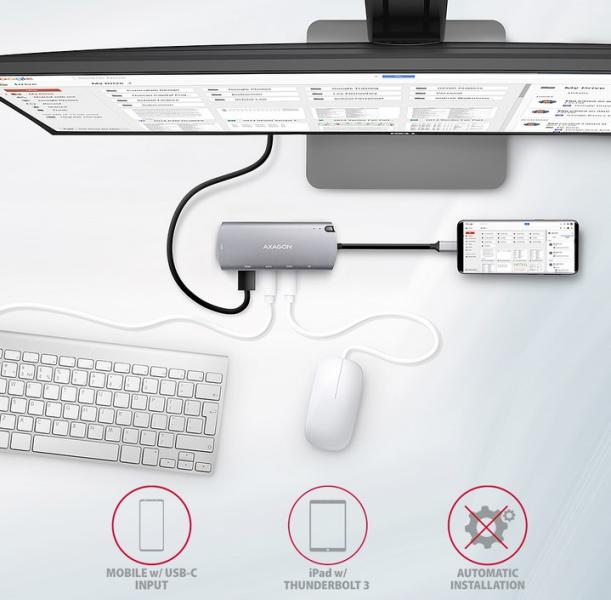 Мултипортов адаптер Axagon HMC-6GM2, USB-C 10Gbps hub. NVMe/SATA M.2, HDMI, card reader and Power Delivery. Cable USB-C 20 cm.