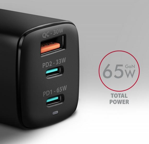 Зарядно устройство Axagon ACU-DPQ65, 3x port (USB-A + 2x USB-C), PD3.0 / PPS / QC4+ / SFC2.0 / AFC / SCP / FCP / Apple. 65W